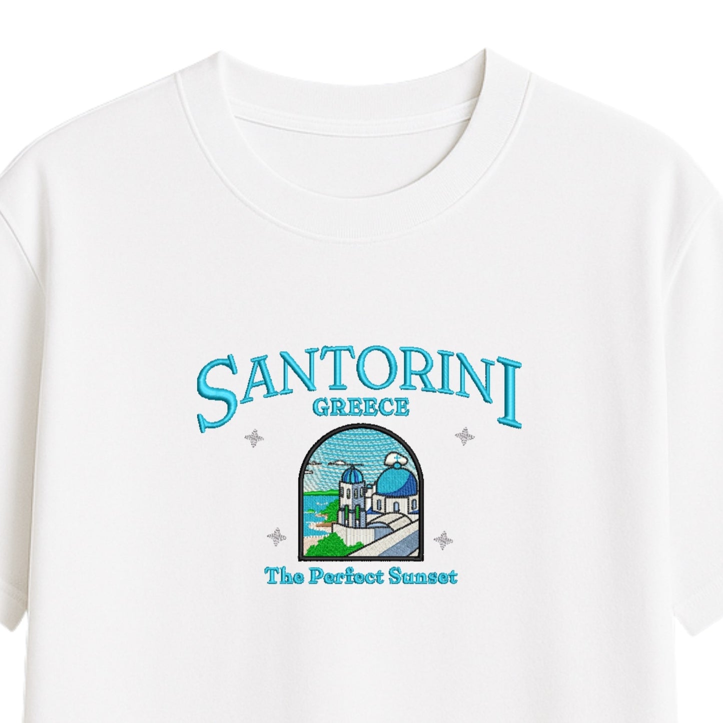 Santorini Dream Embroidered T-Shirt - Your Perfect Sunset Escape!