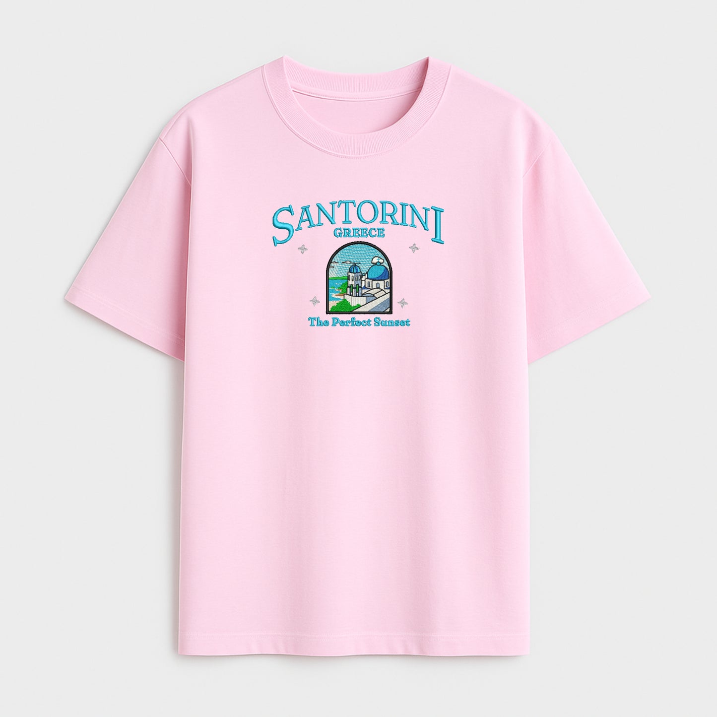 Santorini Dream Embroidered T-Shirt - Your Perfect Sunset Escape!