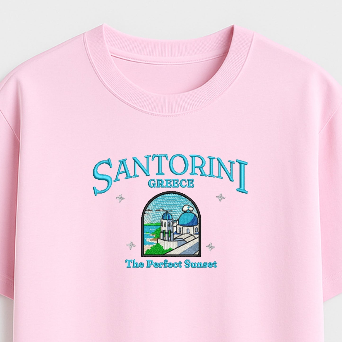 Santorini Dream Embroidered T-Shirt - Your Perfect Sunset Escape!