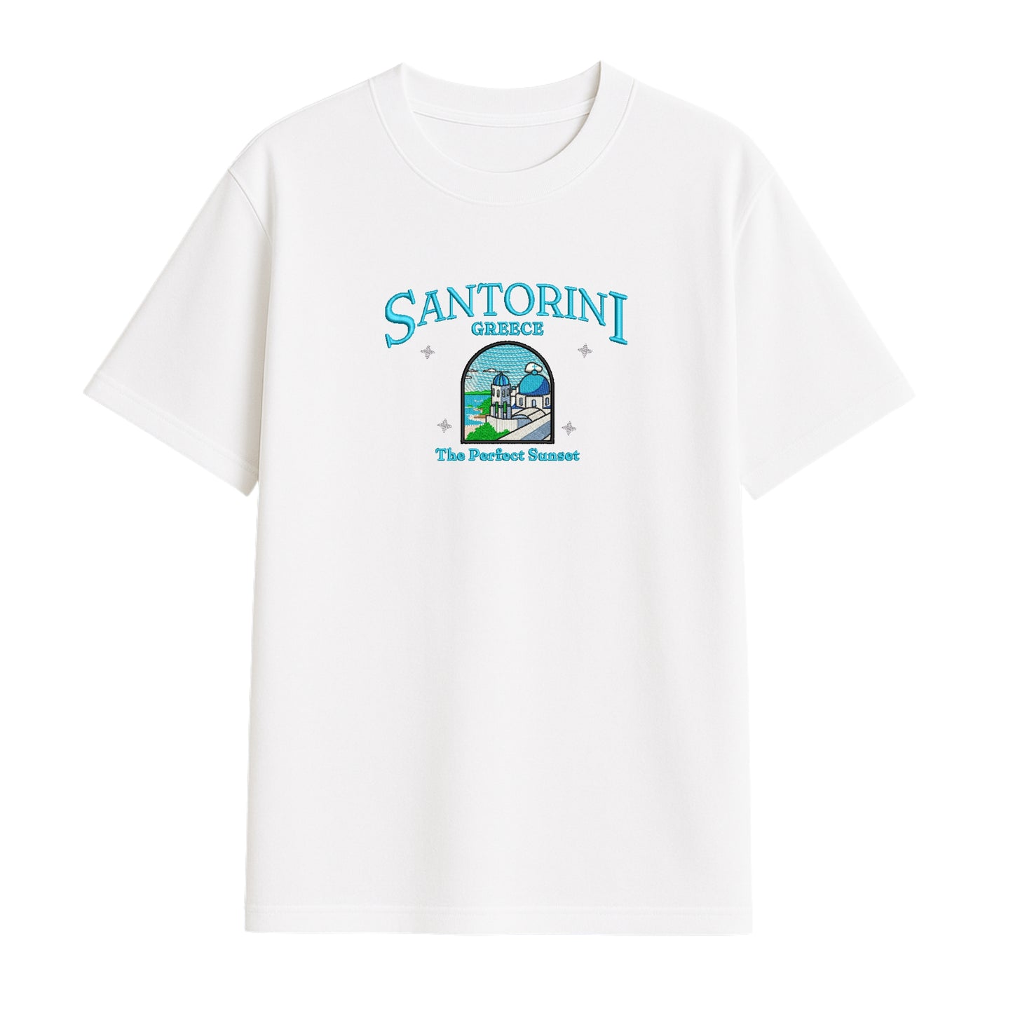 Santorini Dream Embroidered T-Shirt - Your Perfect Sunset Escape!