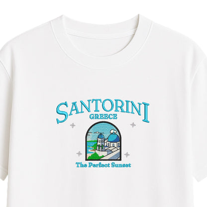 Santorini Dream Embroidered T-Shirt - Your Perfect Sunset Escape!