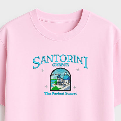 Santorini Dream Embroidered T-Shirt - Your Perfect Sunset Escape!