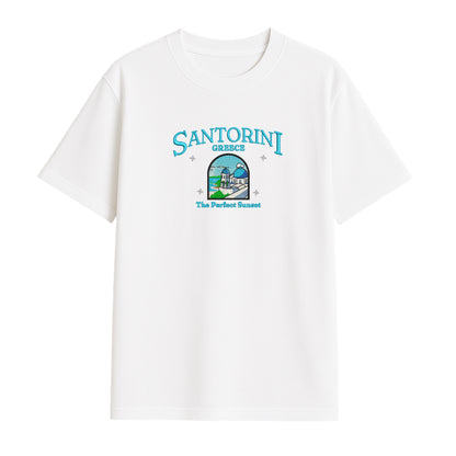 Santorini Dream Embroidered T-Shirt - Your Perfect Sunset Escape!