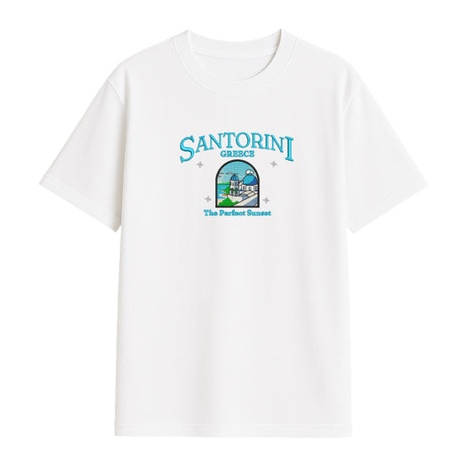 Santorini Dream Embroidered T-Shirt - Your Perfect Sunset Escape!